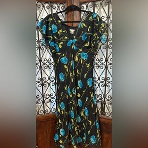 Vintage Silk Floral Black and Blue Dress